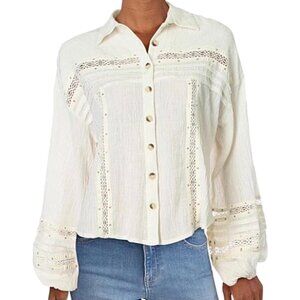 Free People Summer Stars Button Front Blouse Ivory Cream Boho Lace Top XS